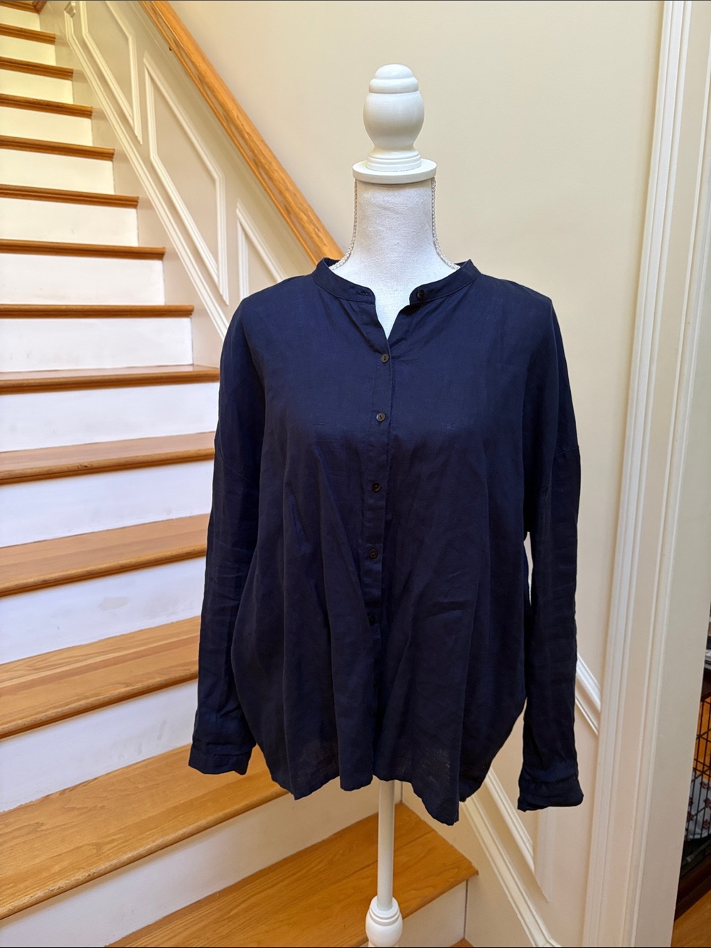 Eileen Fisher Navy Band-Collar Button Front Shirt - Organic Linen